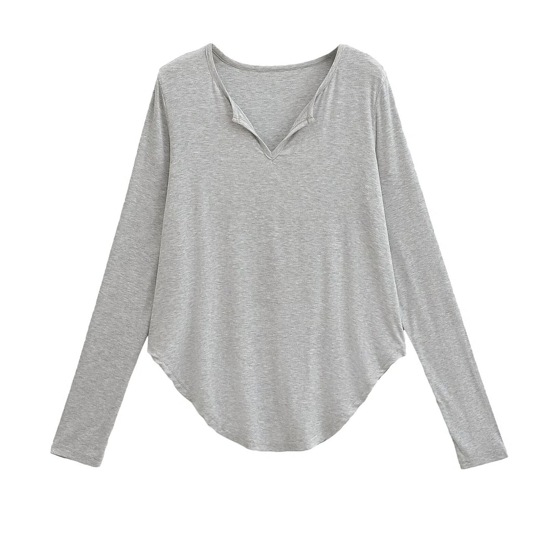 Damen lässiges Longsleeve-Oberteil mit V-Ausschnitt und geschwungenem Saum EB