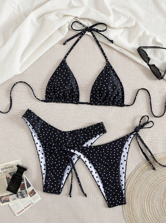 Damen Triangel-Bikini mit verspieltem Punktmuster und verstellbaren Bändern EB
