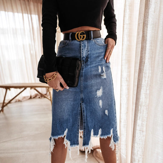 Damen Midi-Denimrock mit fransigem Saum und vertikalem Schlitz EB