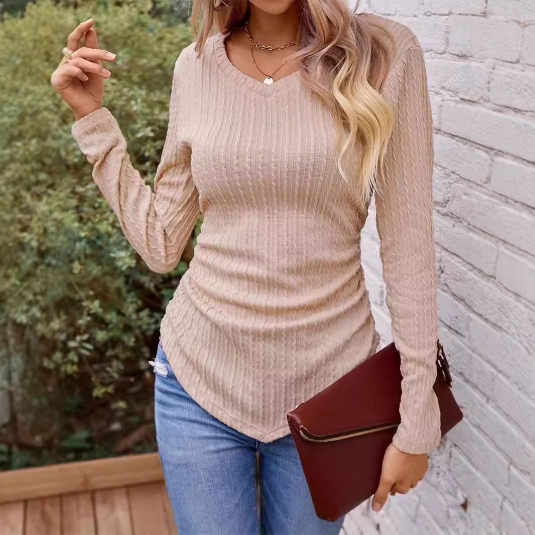 Damen Langarmshirt mit V-Ausschnitt und Rippstruktur EB