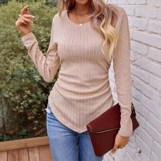 Damen Langarmshirt mit V-Ausschnitt und Rippstruktur EB