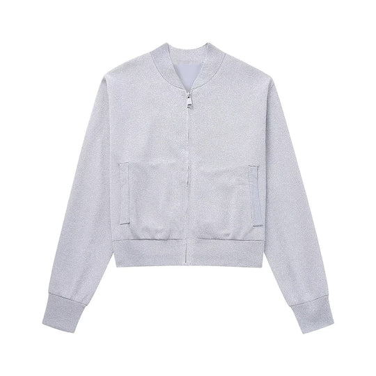 Damen Sportliche Bomberjacke mit glitzerndem Obermaterial und praktischen Taschen EB