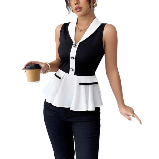 Damen Elegantes Peplum-Oberteil mit Kragen und Knopfdetaillierung EB