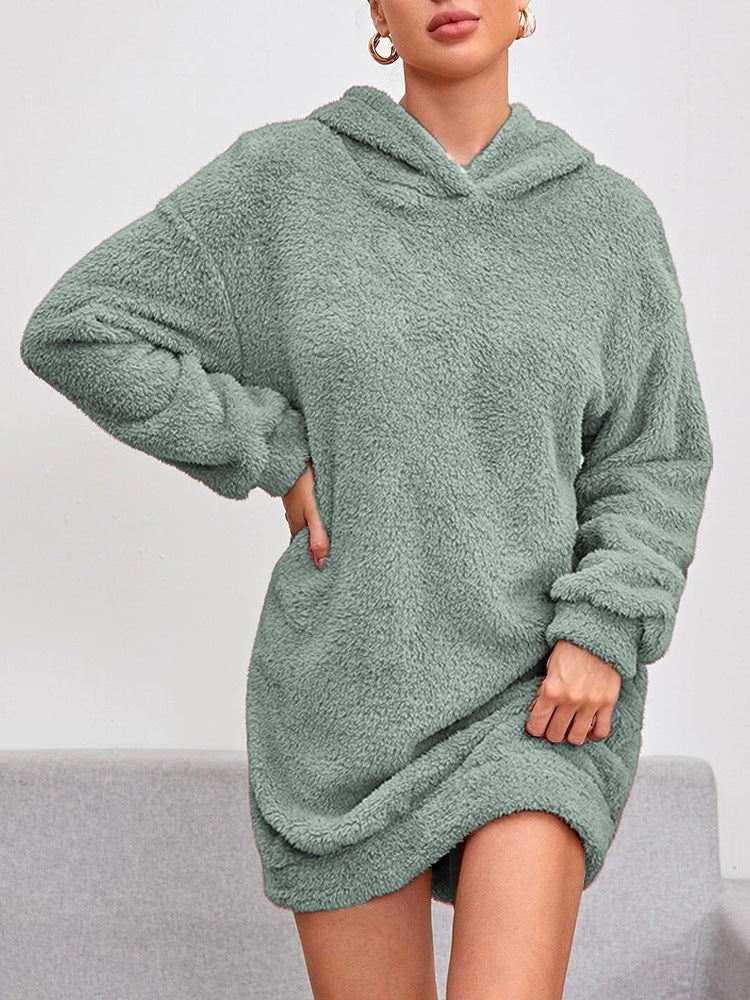 Damen Flauschiger Hoodie-Kleid mit Kapuze und praktischen Taschen EB