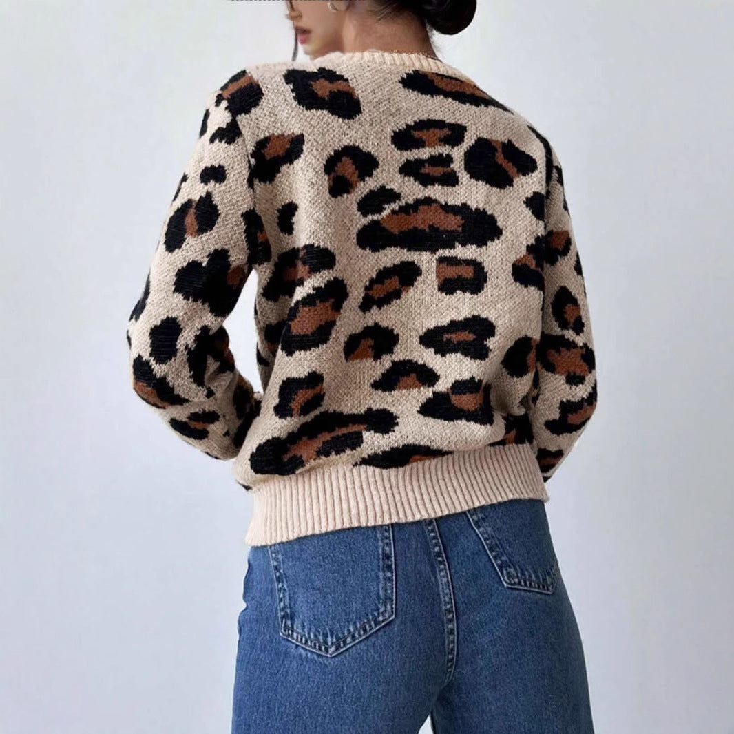 Damen kuscheliger Strickpullover mit Leopardenmuster und überschnittenen Schultern EB