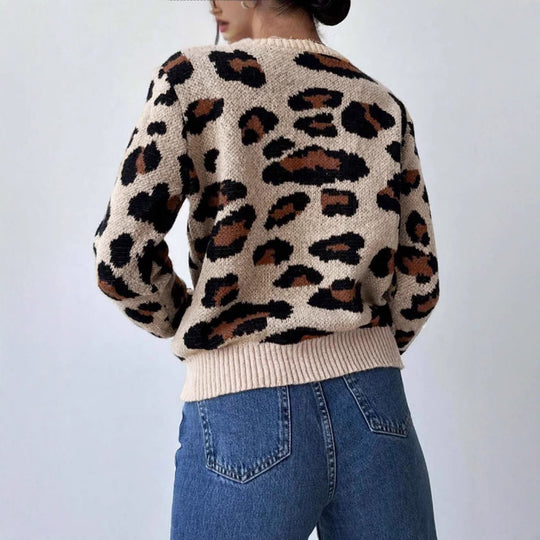 Damen kuscheliger Strickpullover mit Leopardenmuster und überschnittenen Schultern EB