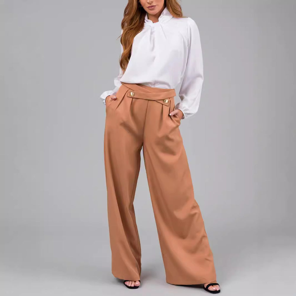 Damen elegante weite Hose mit stylischem Bund und Schaltknopfdetails EB
