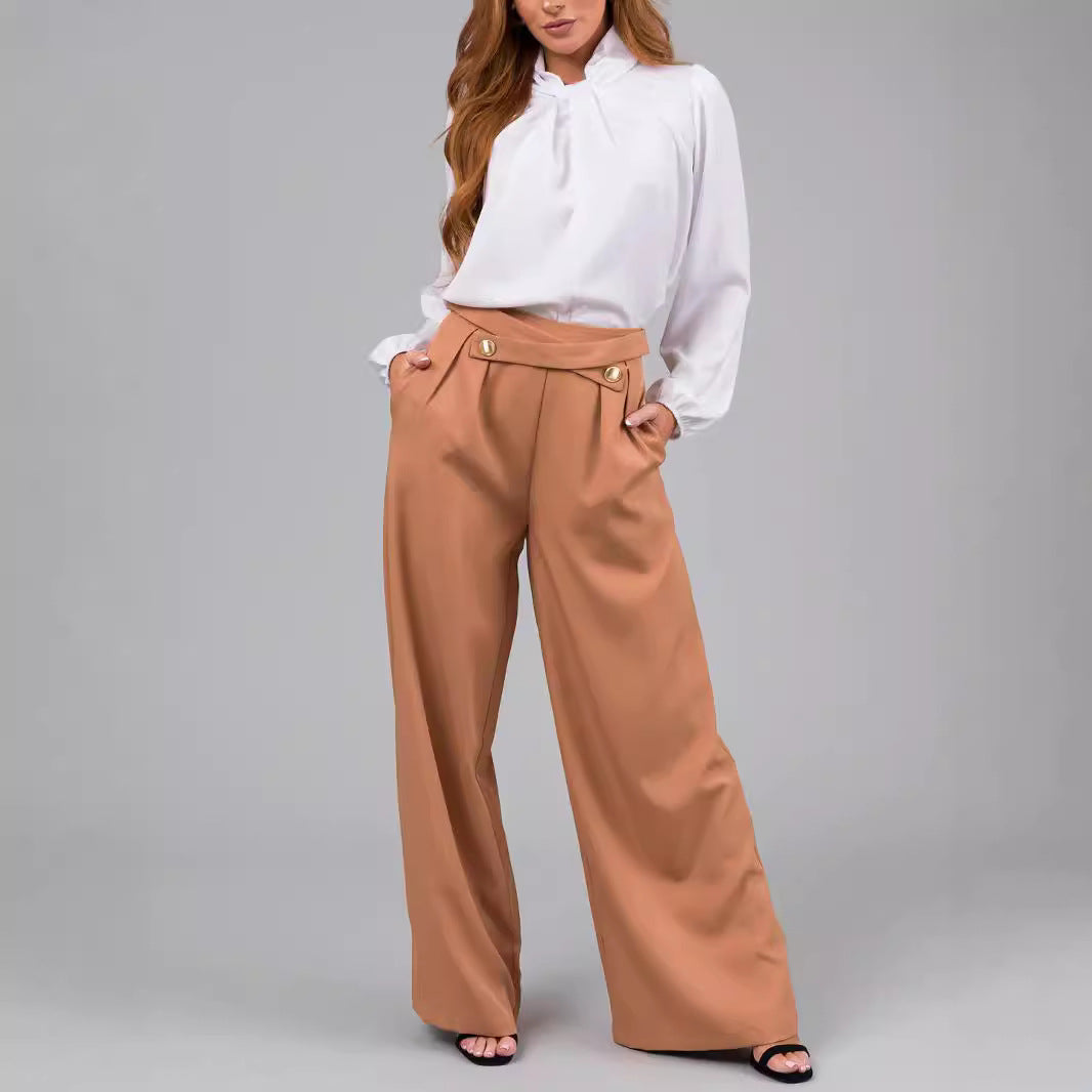 Damen elegante weite Hose mit stylischem Bund und Schaltknopfdetails EB