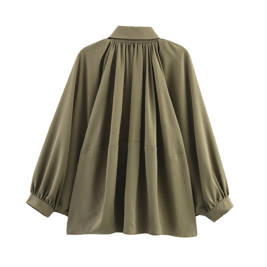 Damen Oversized Bluse mit raffinierten Drapierungen und eleganter Knopfdetail EB