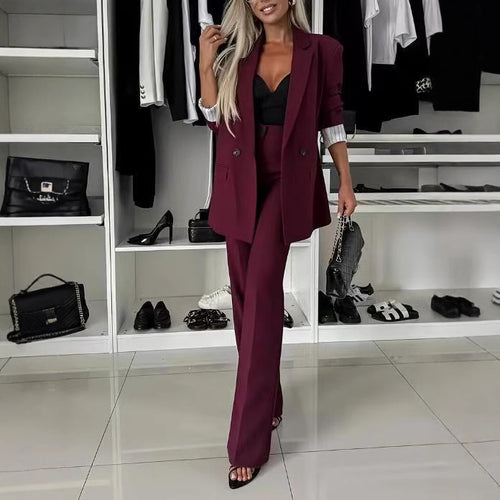 Damen elegantes und modernes Anzug-Set mit weitem Hosenbein und tailliertem Blazer EB