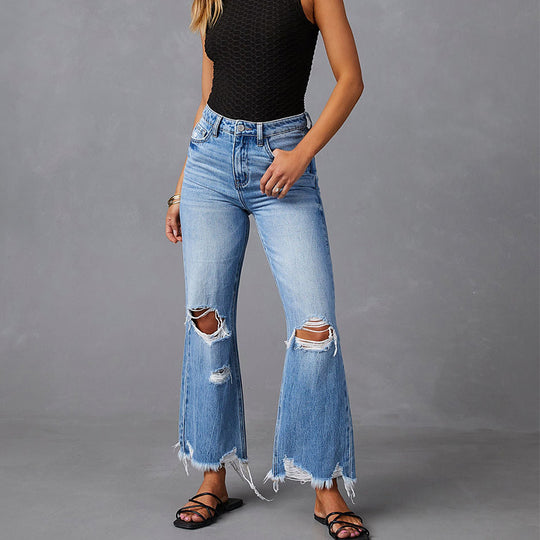 Damen Flared Jeans mit Distressed-Effekten und hohem Bund EB