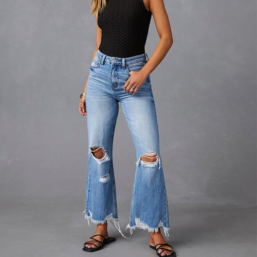 Damen Flared Jeans mit Distressed-Effekten und hohem Bund EB