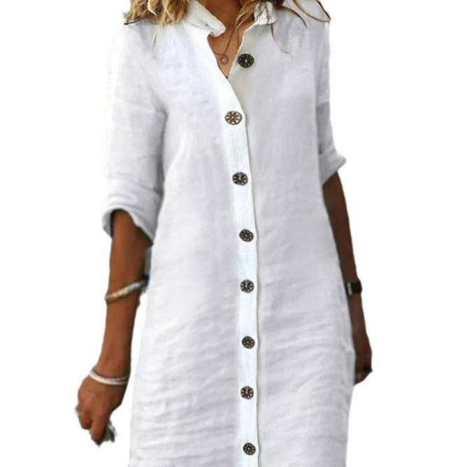 Damen Leinenhemdkleid mit Knopfleiste und umschlagbaren Ärmeln EB