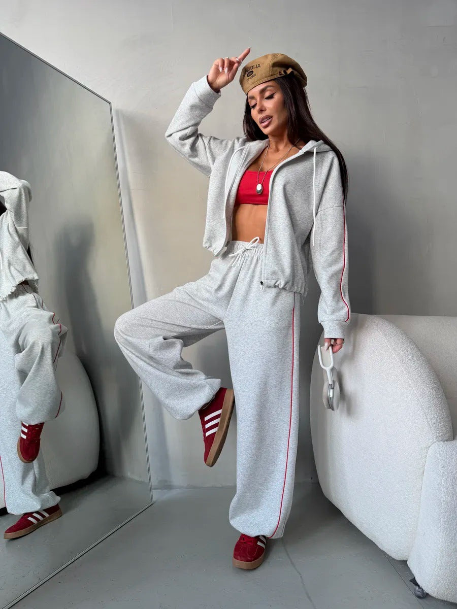 Damen lässiges Lounge-Set aus French-Terry mit Kurzzip-Hoodie und High-Waist Wide-Leg Jogginghose mit Kontrastpaspel Eichborn Berlin
