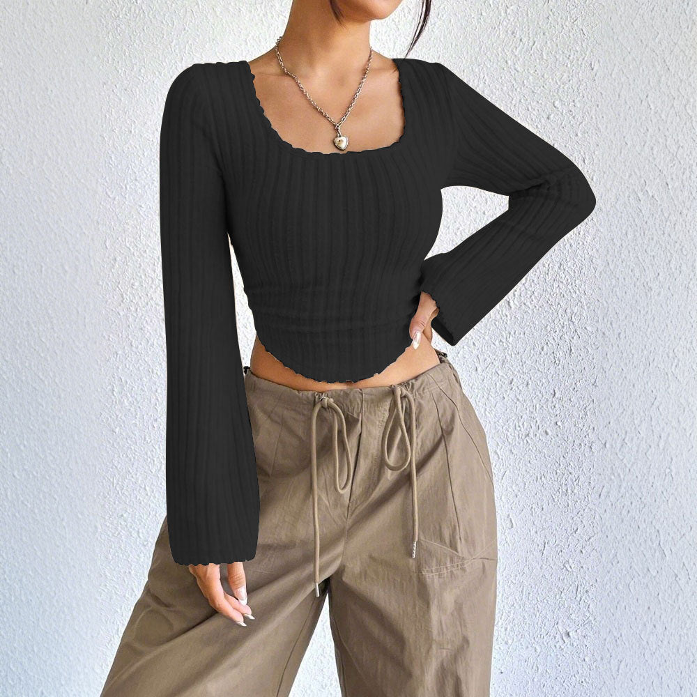 Damen geripptes Crop-Top mit quadratischem Ausschnitt, gewelltem Saum und ausgestellten Ärmeln Eichborn Berlin