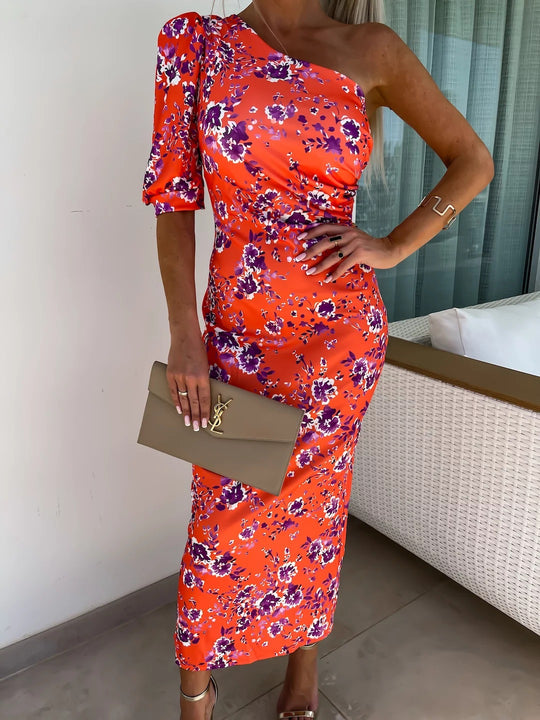 Damen Elegantes Knistern Maxikleid mit asymmetrischem Design und Rüschendetails EB