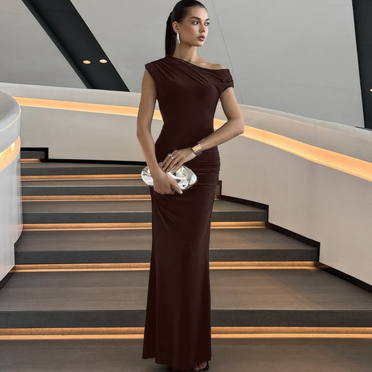 Damen Elegantes Wickel-Maxikleid mit asymmetrischer Schulterpartie EB
