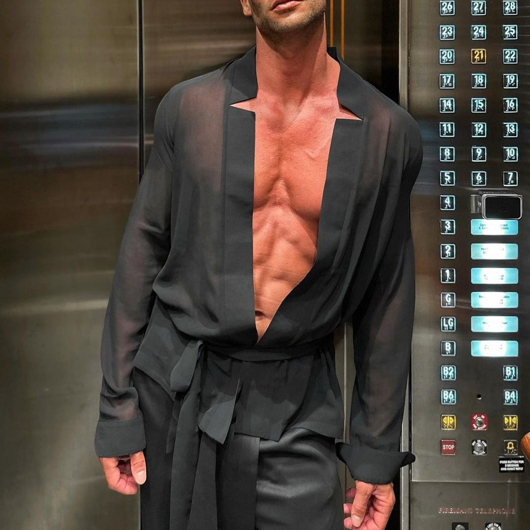 Herren transparenter Kimono mit tiefem V-Ausschnitt und Bindegürtel EB