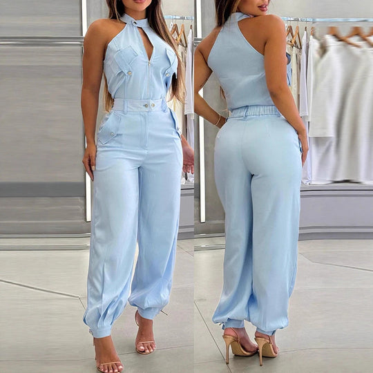 Damen modischer einteiliger Overall mit hohem Kragen und praktischen Taschen EB
