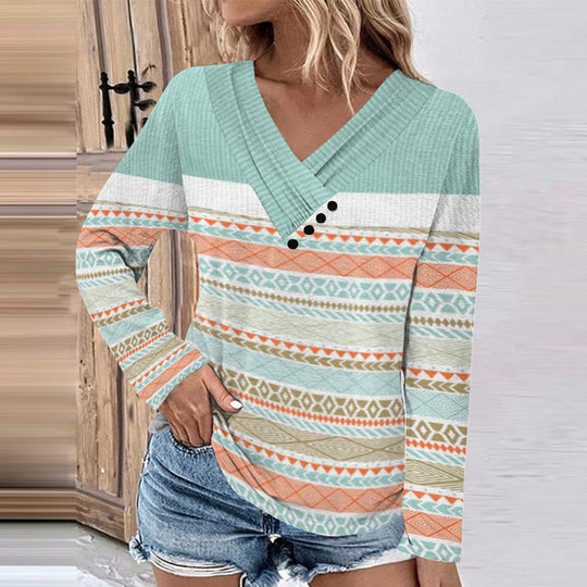 Damen Gerippter V-Ausschnitt Pullover mit Farbverlauf, Zierknöpfen und legerer Passform EB