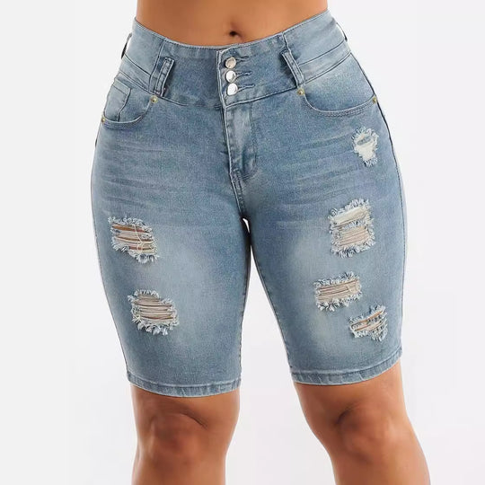 Damen Jeansbermuda mit hohen Bund und Destroyed-Details EB