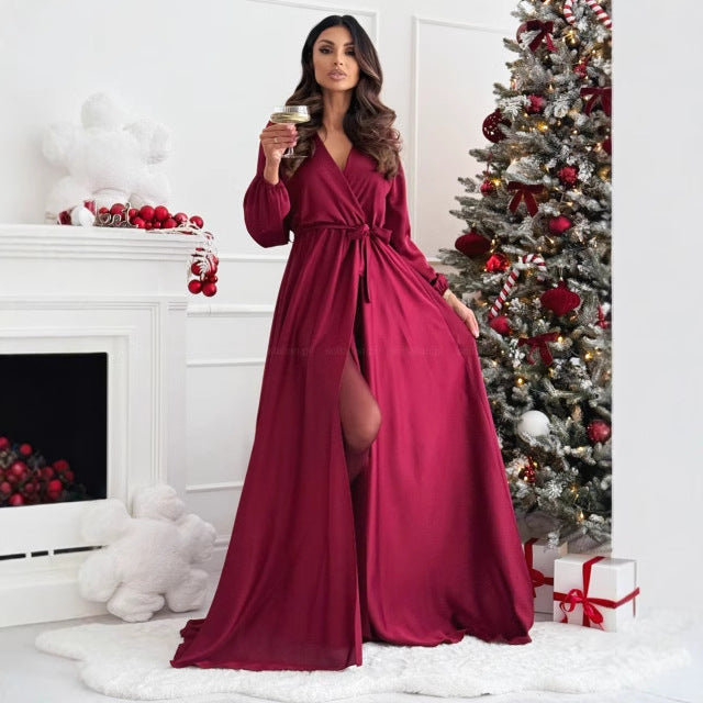 Damen elegantes Maxikleid mit schlanker Silhouette und tailliertem Gürtel EB