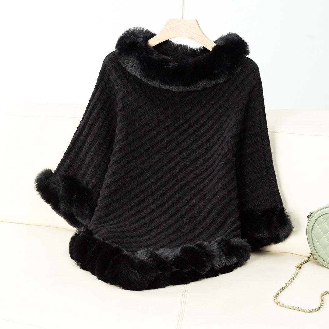 Damen kuschelige Strickdecke mit luxuriösem Kunstfellbesatz EB