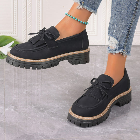 Damen modische Fransen-Loafer mit dekorativer Schleife und grober Profilsohle EB