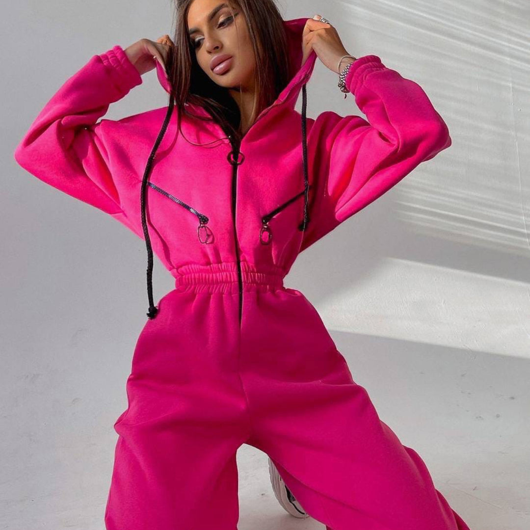 Damen taillierter Kapuzen-Jumpsuit mit elastischem Bund und markanten Kontrast-Reißverschlüssen EB