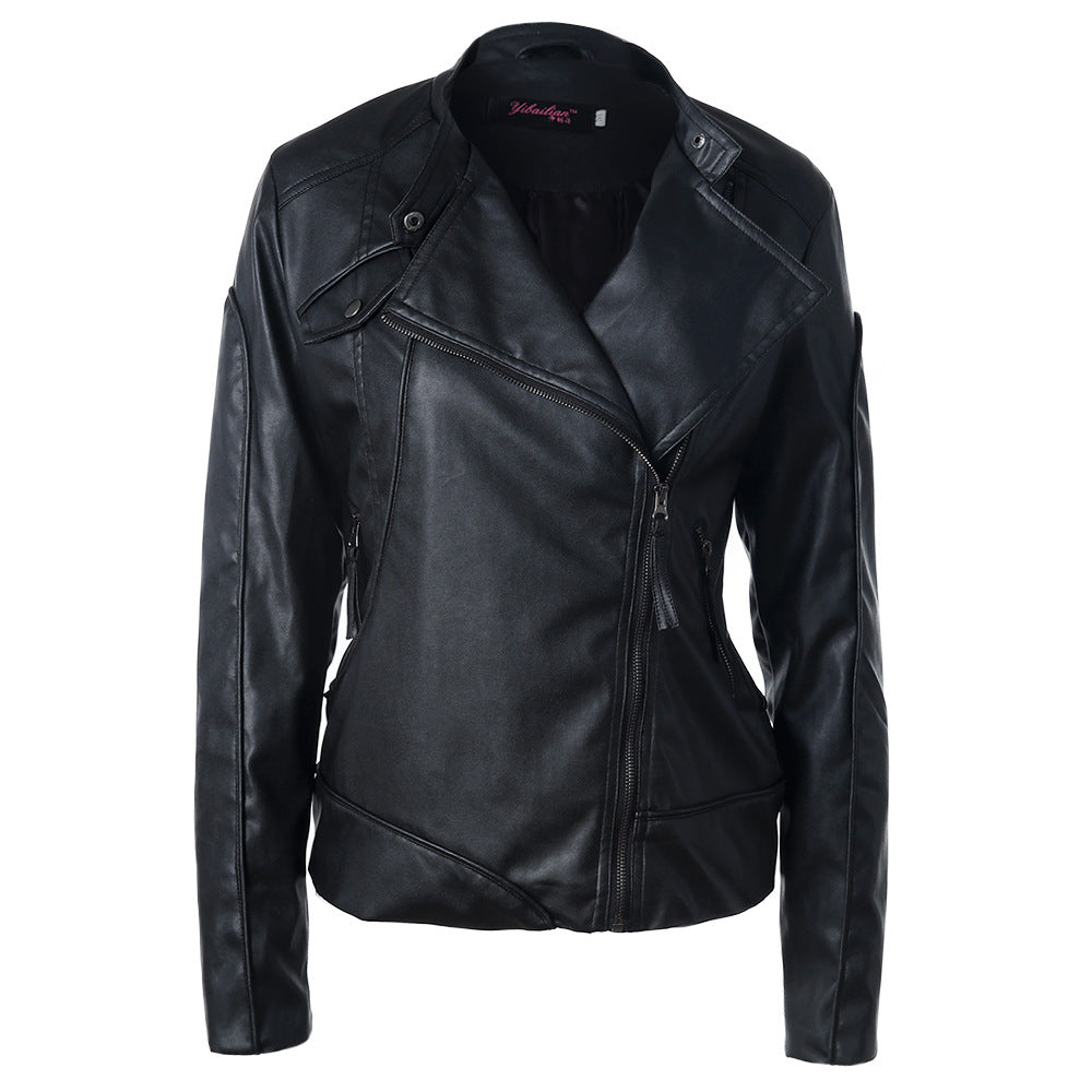 Damen Modische Kunstlederjacke mit asymmetrischem Reißverschluss und Stehkragen EB