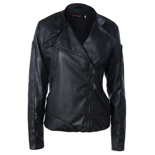 Damen Modische Kunstlederjacke mit asymmetrischem Reißverschluss und Stehkragen EB