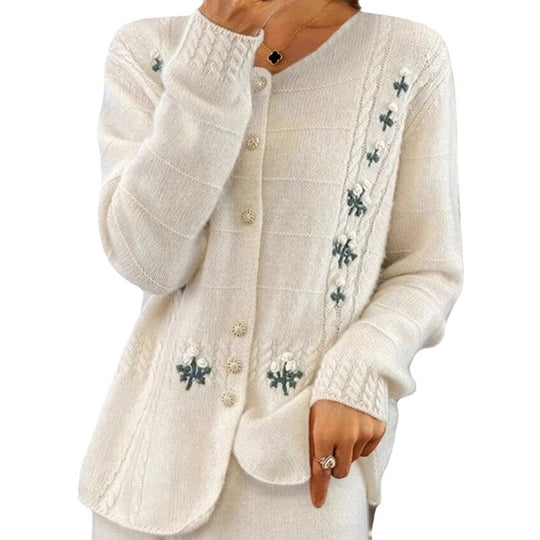 Damen nan Strickcardigan mit floraler Reliefstickerei und Zopfmuster EB