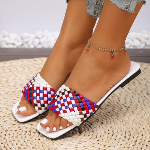 Damen Flache Riemchensandalen mit geflochtenem Design und modischem Farbakzent EB