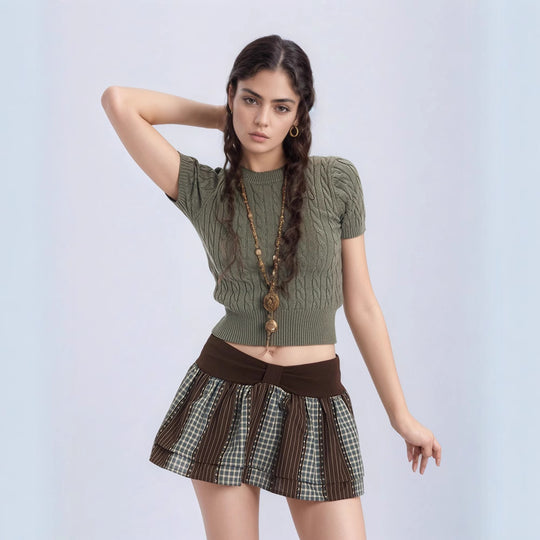 Damen Kurzarm Strickoberteil mit Kabelmuster EB