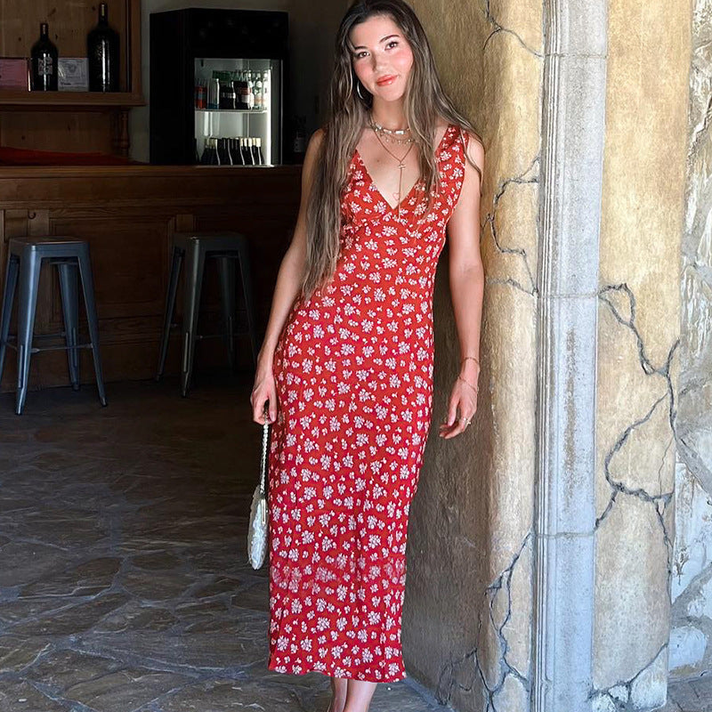 Damen Figurbetontes Sommerkleid mit Blumenmuster und tiefem V-Ausschnitt EB