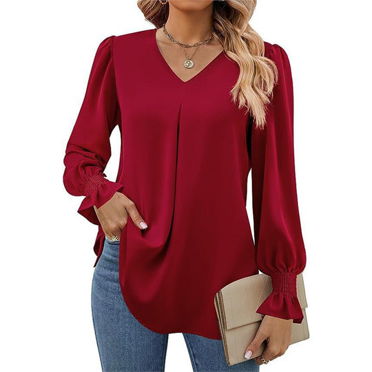 Damen fließende V-Ausschnitt Bluse mit eleganten Puffärmeln EB