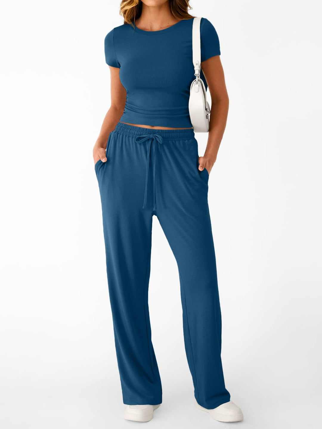 Damen lässiger Freizeitanzug mit kurzen Ärmel und weiten Hosen EB