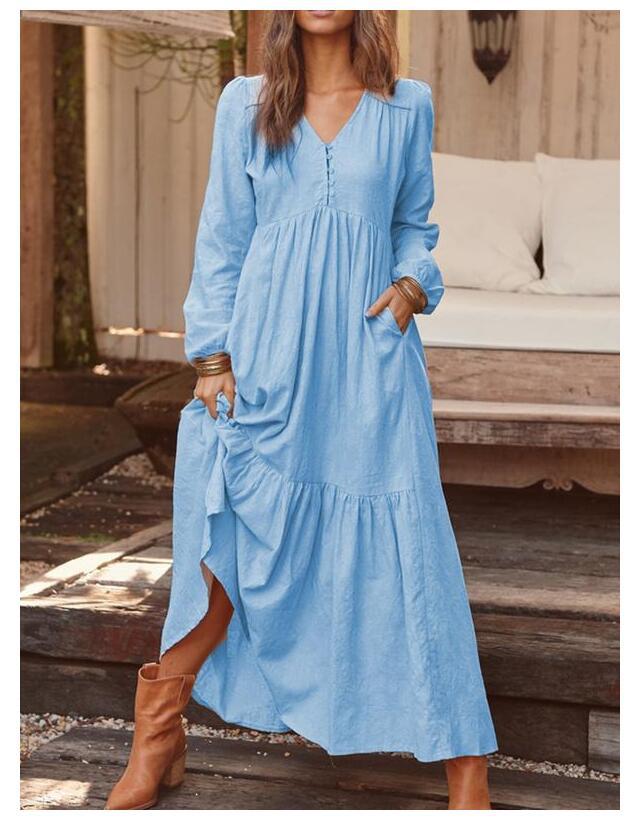 Damen nan luftiges Maxikleid mit V-Ausschnitt, Langarm und Eingrifftaschen EB