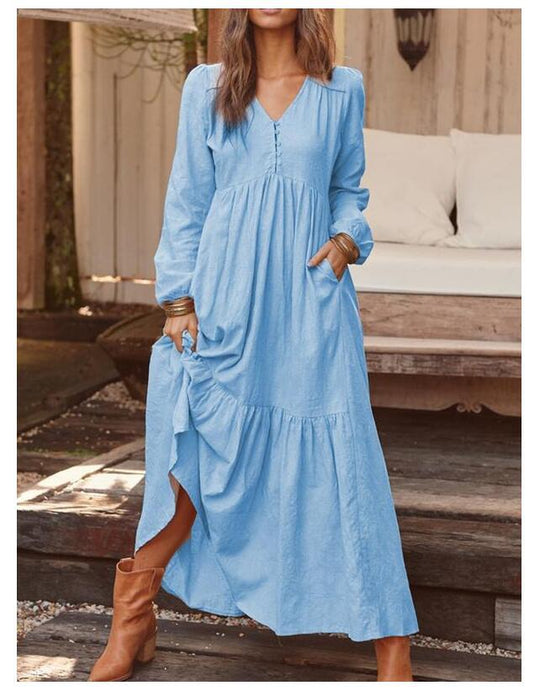 Damen nan luftiges Maxikleid mit V-Ausschnitt, Langarm und Eingrifftaschen EB