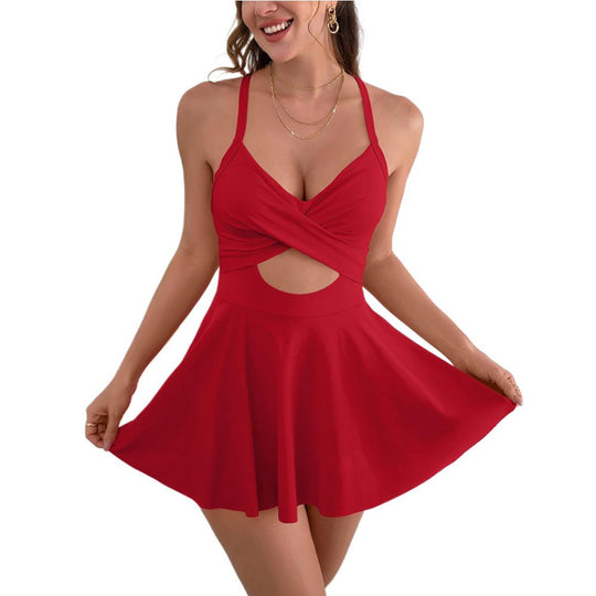 Damen Einteiliger Badeanzug mit Wickelrock und trendy Cut-Out EB