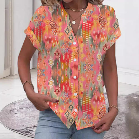 Damen Kurzarmbluse mit kunstvollem Ikat-Design Heidi-Mode