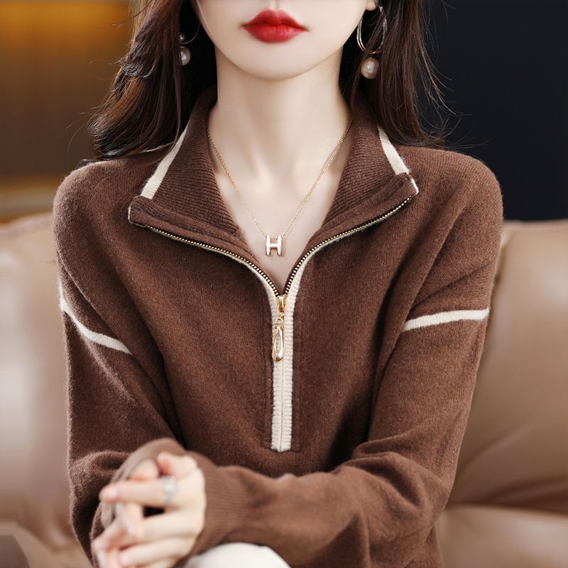 Damen Pullover mit halbem Reißverschluss und feinem Strukturstrick EB