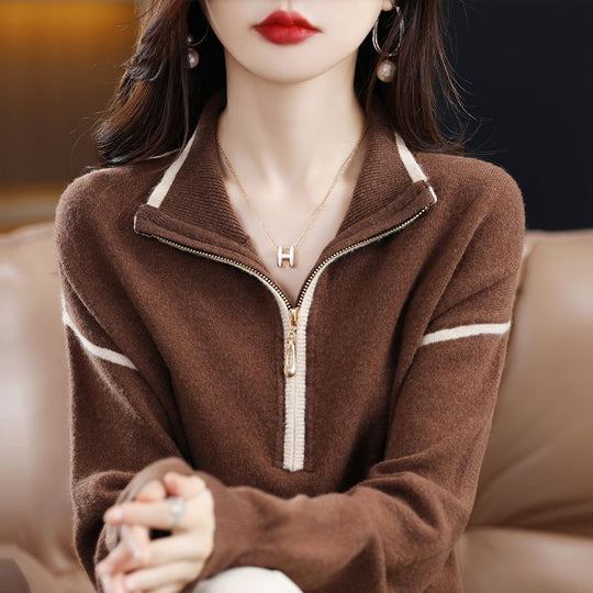 Damen Pullover mit halbem Reißverschluss und feinem Strukturstrick EB