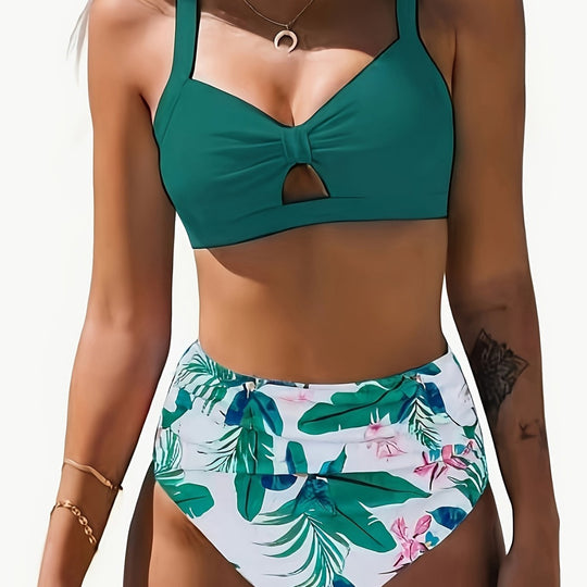 Damen Bikini-Set mit floralem Hochbund und modischem Knoten EB