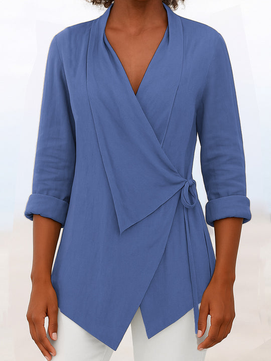 Damen Asymmetrische Wickelbluse mit Schalkragen und 3/4-Ärmeln EB