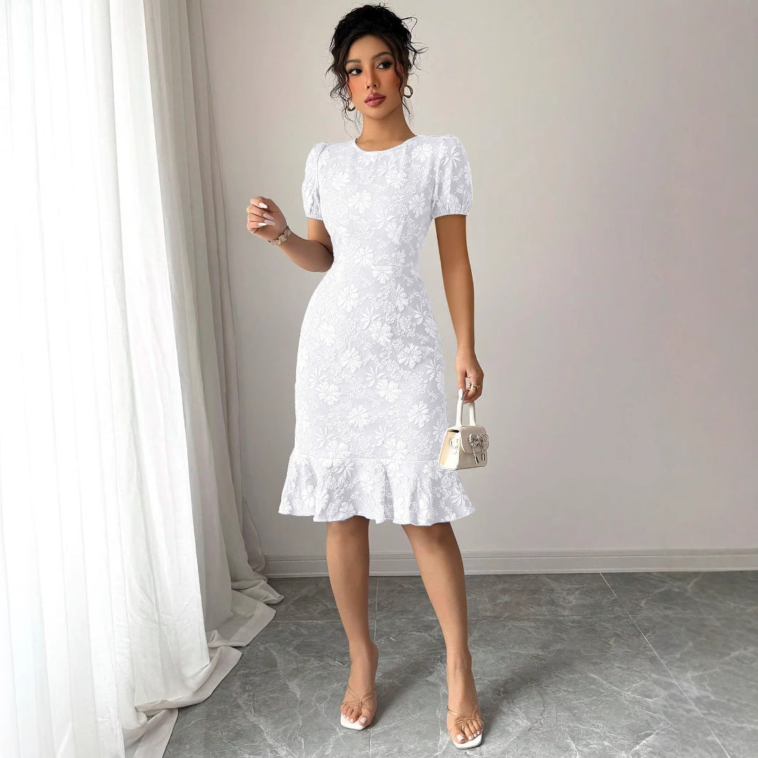 Damen Blumenspitze Midi-Kleid mit Rüschensaum EB