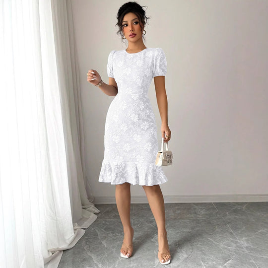 Damen Blumenspitze Midi-Kleid mit Rüschensaum EB