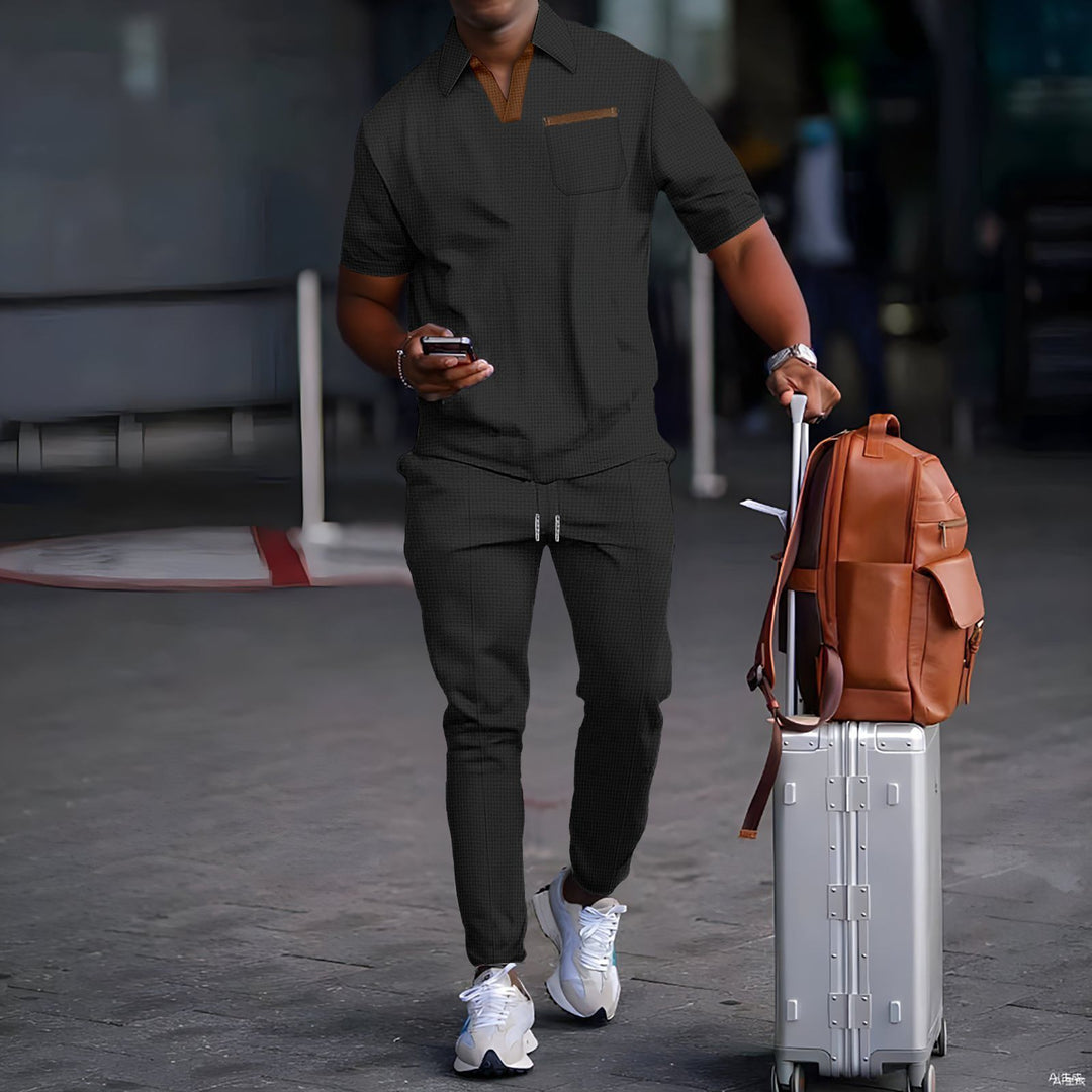 Herren nan lässiges Freizeitset aus elastischem Jersey mit V-Ausschnitt Brusttasche und Kordelbund EB