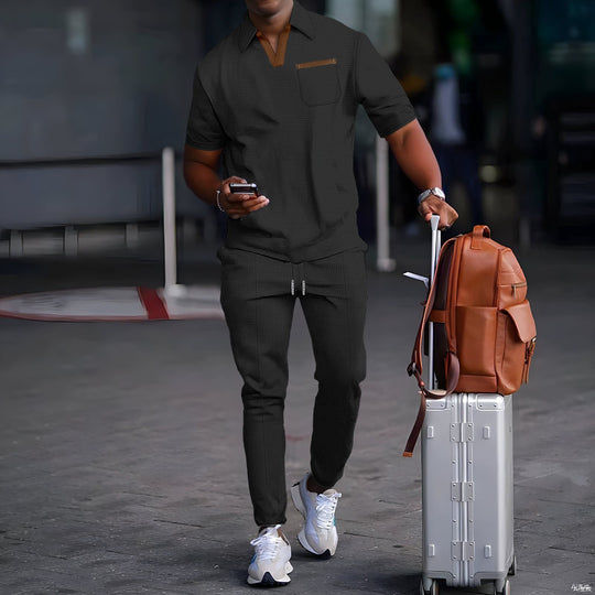 Herren nan lässiges Freizeitset aus elastischem Jersey mit V-Ausschnitt Brusttasche und Kordelbund EB