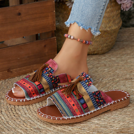 Damen Casual Slip-On Sandalen mit buntem Webdesign und Quasten EB